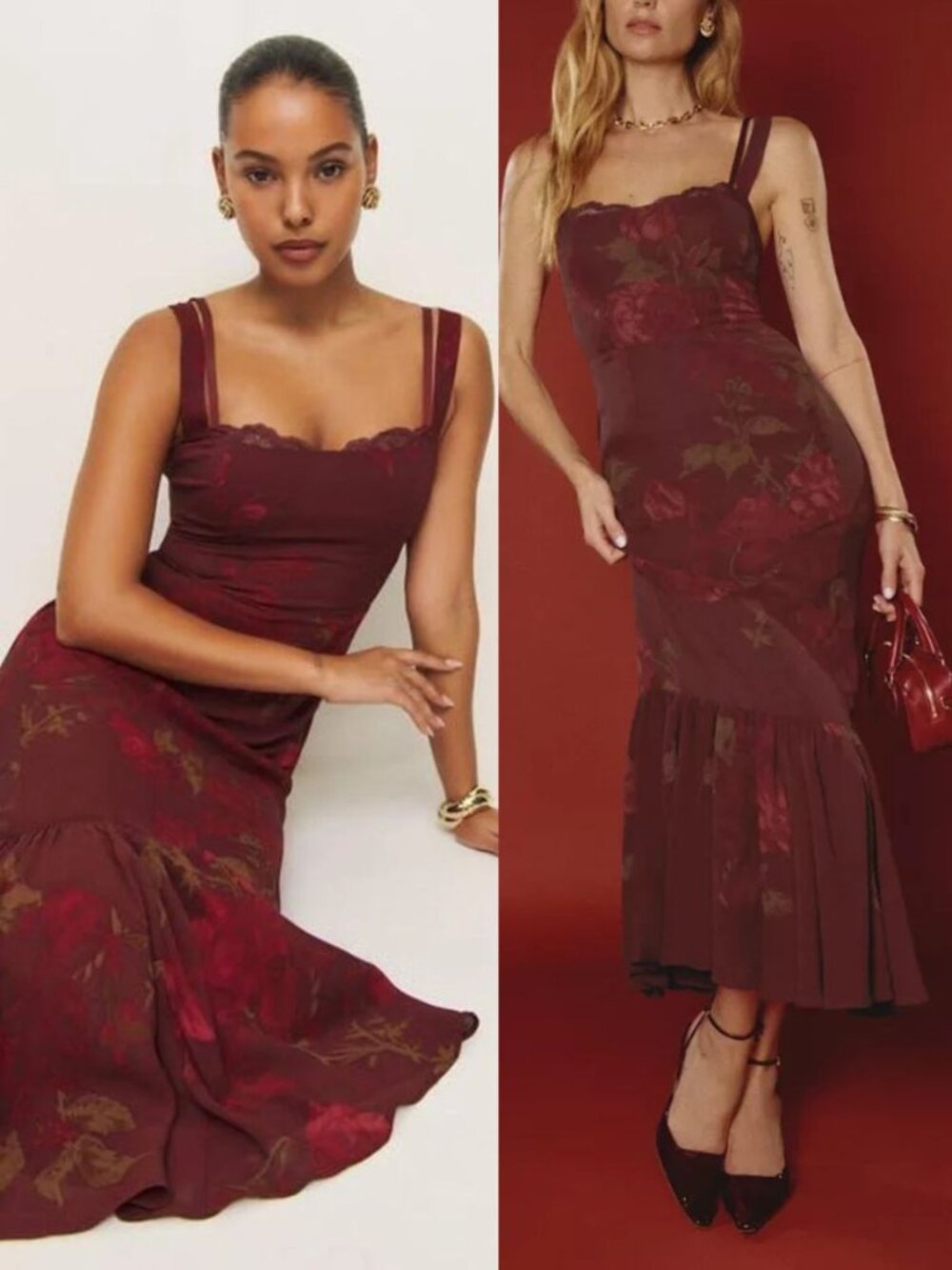 Reformation Irisa Dress Barcelona Border Red Floral Trumpet Midi Size 2